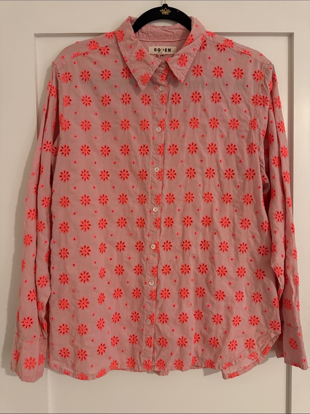 Boden Pink Button-Down Shirt with Bright Coral Eyelet Flowers